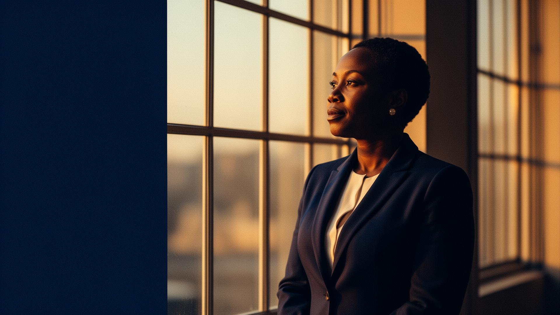 A leader looking toward the horizon at golden hour